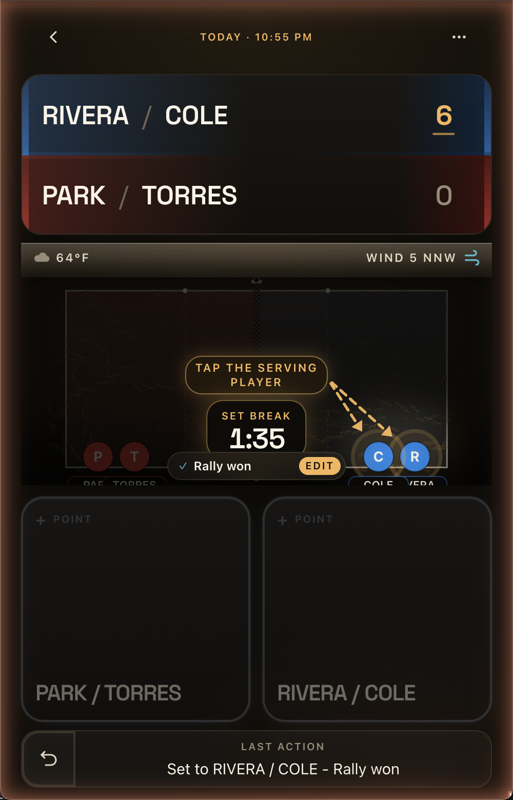 BeachTennisRef.App enforcing beach tennis rules with the on-court timer and court diagram