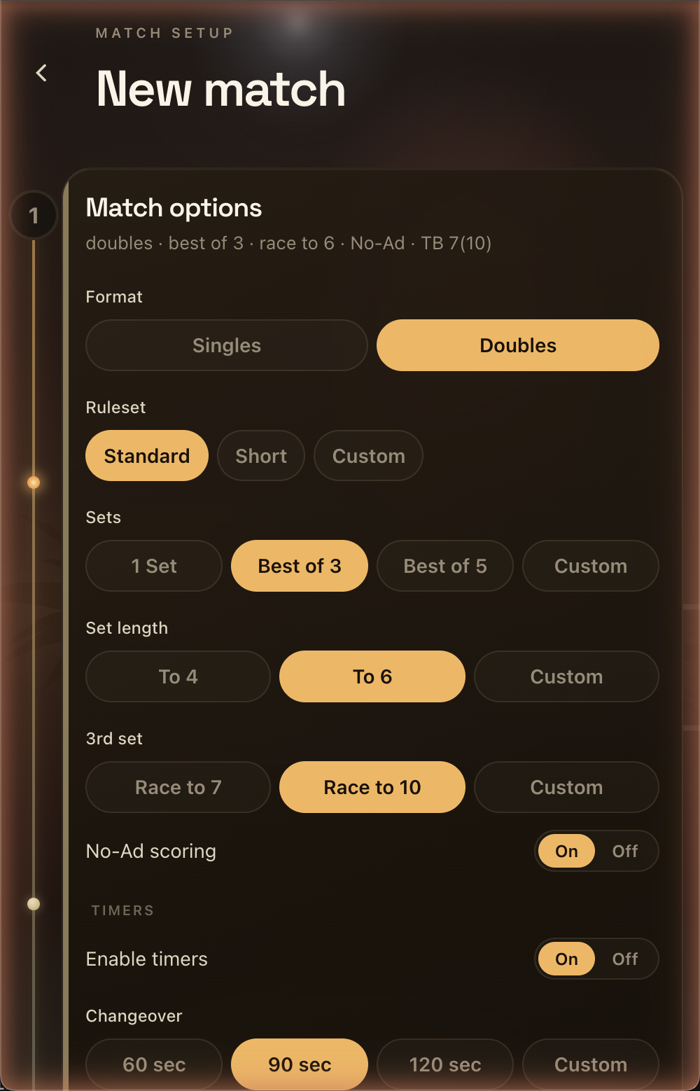 BeachTennisRef.App match setup screen for format, rules, and players